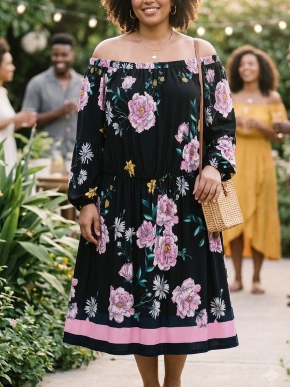 Lane Bryant Black Off-Shoulder Midi Dress with Pink Floral Print
